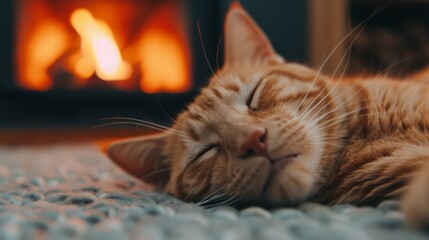 Cat sleeping peacefully by a warm fireplace.