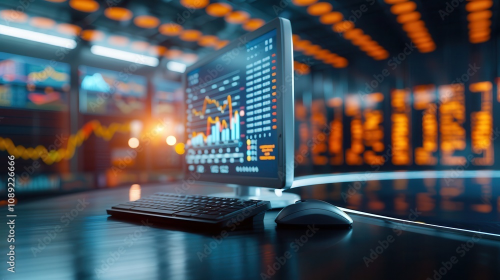 Poster a desktop monitor showing stock market charts and data with a keyboard and mouse in a sleek financia