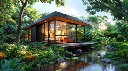 Luxurious eco friendly modern wooden house surrounded by lush forest with reflective pond offering a serene and peaceful retreat amidst nature