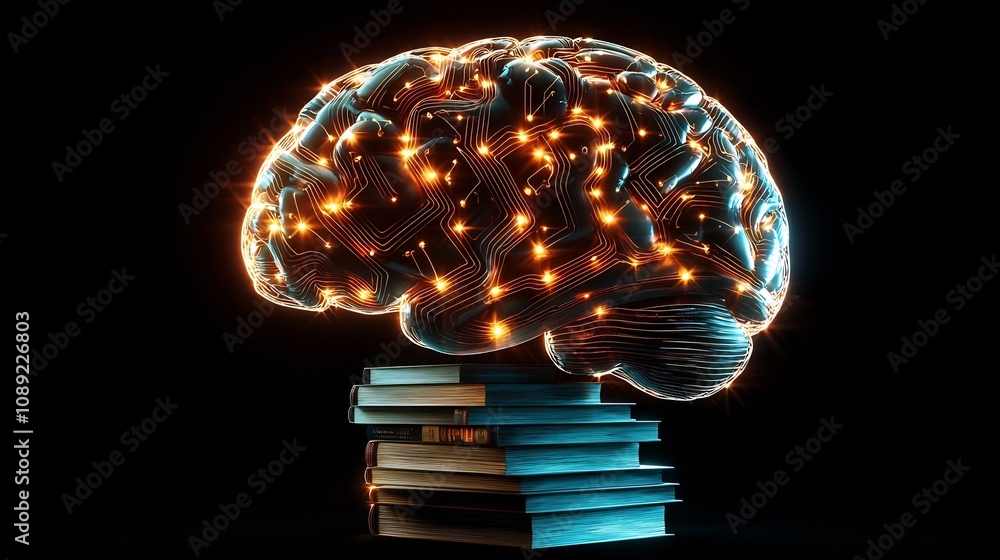 Aufkleber glowing brain made of circuits and books symbolizing the fusion of digital and traditional knowledge