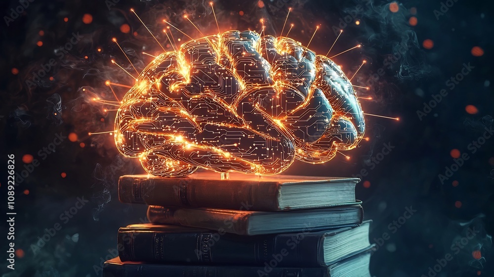 Poster glowing brain circuits fusing digital and traditional knowledge in modern world
