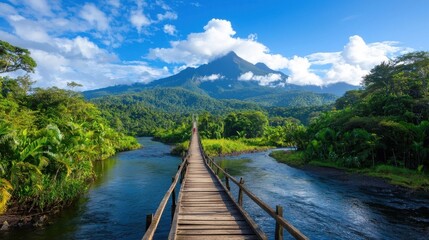 Fototapeta premium Scenic view of a wooden suspension footbridge crossing over a serene tropical river winding its way through a lush verdant jungle landscape with towering mountains in the distance