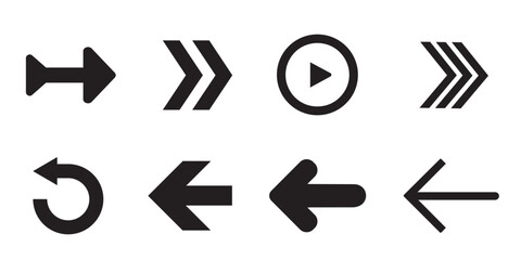 Collection of black arrow icons in different styles. Vector design on a white background