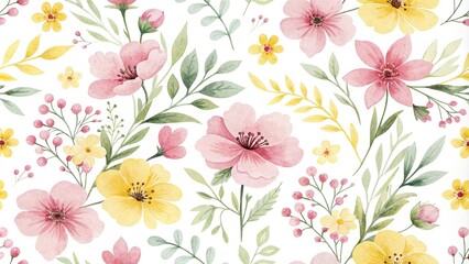 Whimsical watercolor floral pattern with playful florals in shades of pink and yellow on a soft white background, floral, illustration, textile
