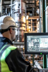 photograph of Engineer looks at a monitor showing industrial automation in an oil and gas plant.