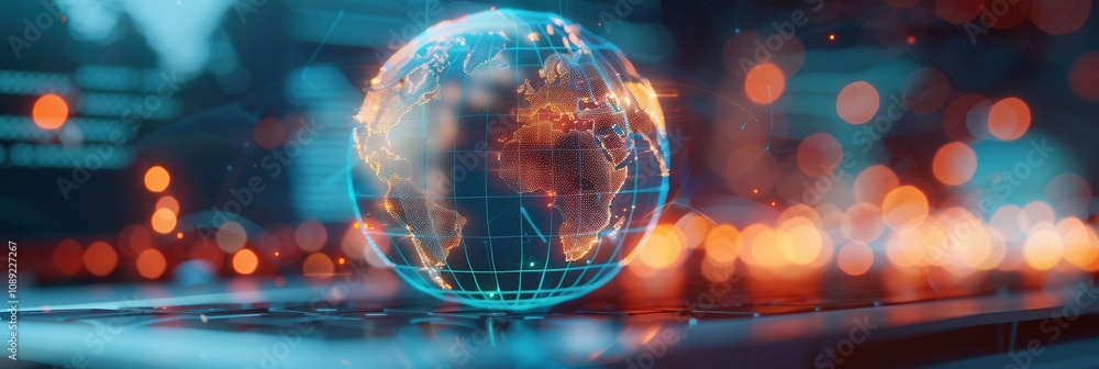 Poster a digital glowing globe over a keyboard with bokeh lights, symbolizing global technology, connectivi