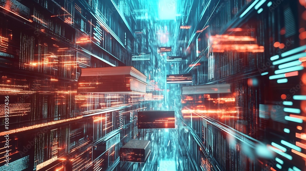 Aufkleber futuristic data stream flowing through glowing books and digital screens representing interconnected