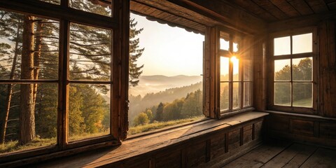 Fototapeta premium Warm sunlight filtering through old wooden windows, afternoon sun, wood, wooden blinds, weathered