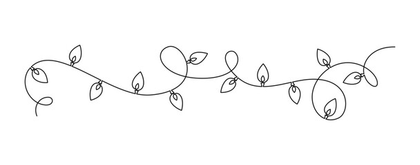Hand drawn continuous one line icon Christmas garland with light bulbs. Glowing festoon border light single line vector illustration in doodle style for celebration, festival, carnival, xmas, new year