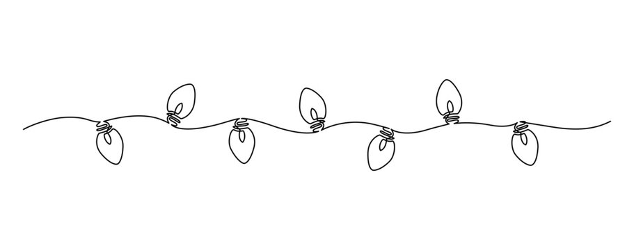 Hand drawn continuous one line icon Christmas garland with light bulbs. Glowing festoon border light single line vector illustration in doodle style for celebration, festival, carnival, xmas, new year