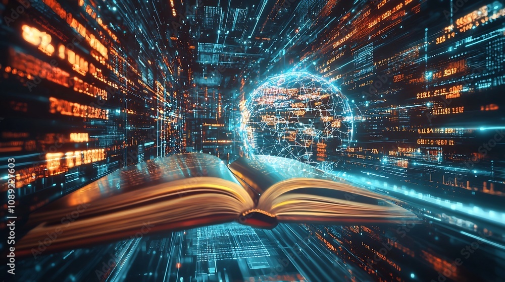 Poster futuristic data stream flowing through glowing books and digital screens representing the interconne