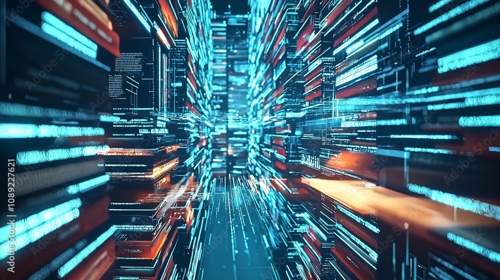 Poster futuristic data stream flowing through interconnected digital books and screens