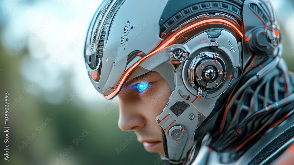 Poster close up detailed shot of a futuristic cyborg or face with advanced robotic and mechanical features 