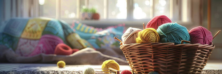 Naklejka premium Basket of Wool Yarn and Knitting Needles Beside a Knit Throw