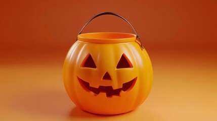 Fototapeta premium A classic orange pumpkin-shaped Halloween trick-or-treat bucket with a black handle and a carved jack-o'-lantern face on an orange background.