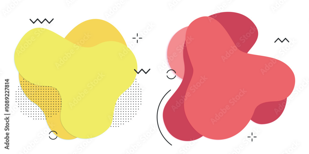 Poster abstract overlapping shapes in yellow and red tones with dotted patterns. vector background design