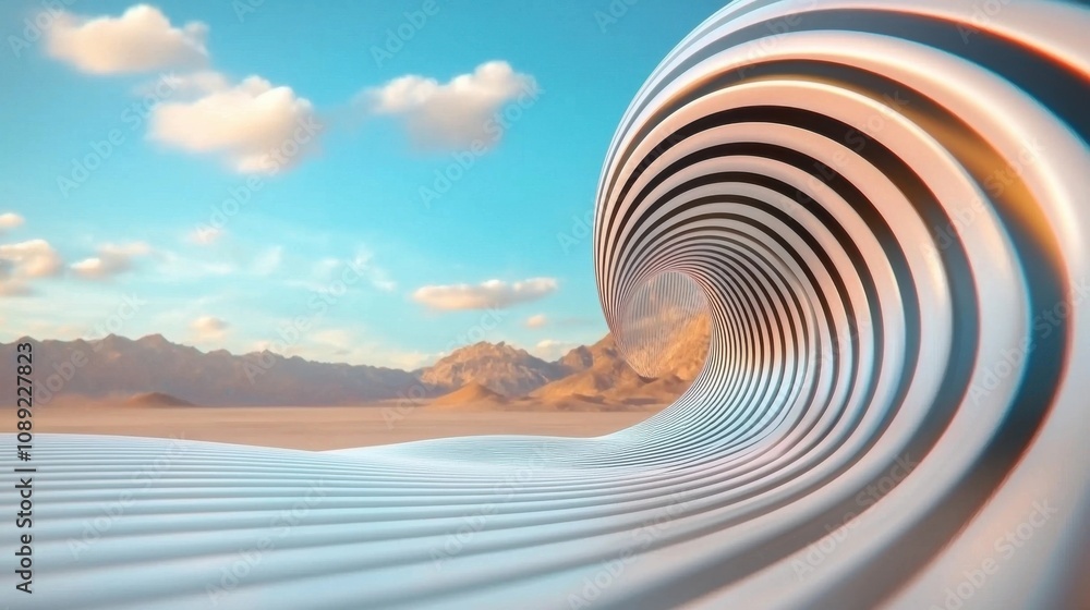 Poster mesmerizing surreal image of a curved spiral tunnel like structure cutting through a desert landscap