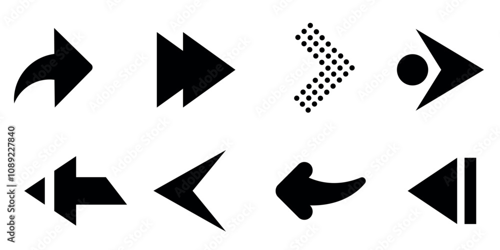 Poster collection of black arrow icons in different styles. vector design on a white background