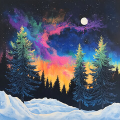 Naklejka premium Vibrant Night Sky Over Snow-Covered Trees with Colorful Aurora and Bright Moon