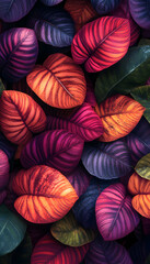 Vibrant, colorful leaves densely packed together, showcasing diverse shades of orange, purple, red, and green.  Detailed leaf veins are prominent, creating a rich textural pattern.