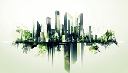 Urban Jungle: Abstract Cityscape with Greenery Elements and Dimensional Building Arrangement in Digital Art