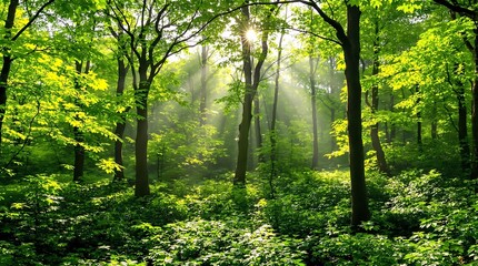 Naklejka premium Sunlight in the forest, Lush green forest, sunbeams streaming through trees