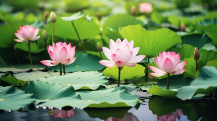 photograph of Lotus flowers blooming in the pond It has symbolic and spiritual meaning in many cultures.