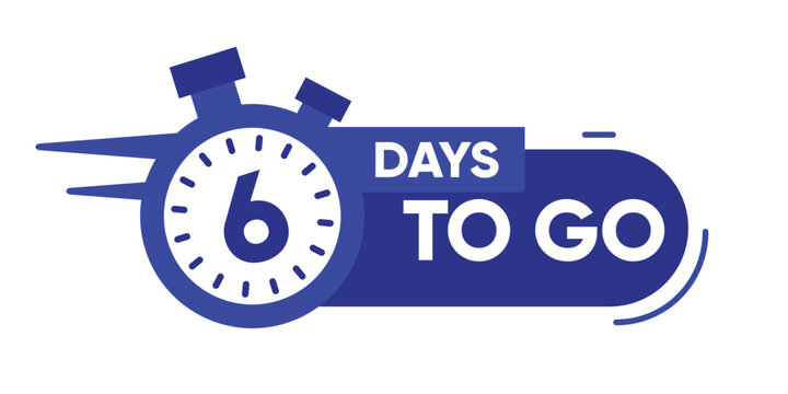Blue stopwatch icon with "6 days to go" text. Countdown timer design for campaigns