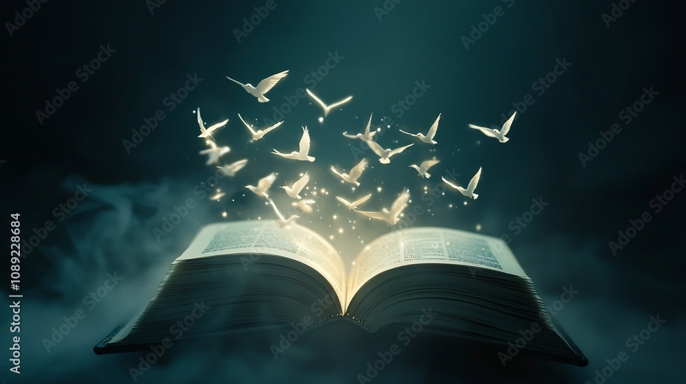 Poster floating book of glowing pages surrounded by birds of light symbolizing the and freedom of knowledge