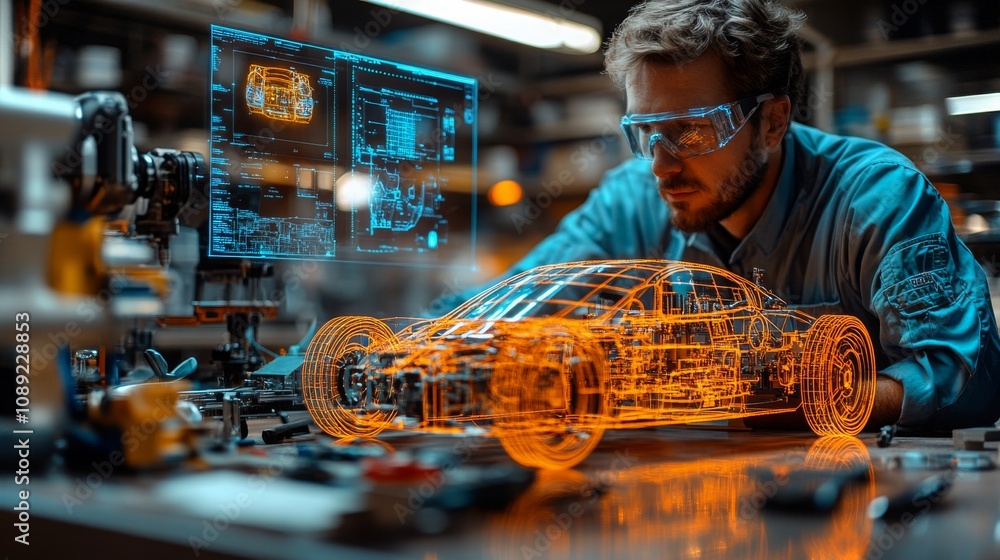 Poster engineer and technician designing a small car model with advanced technology in a workshop setting