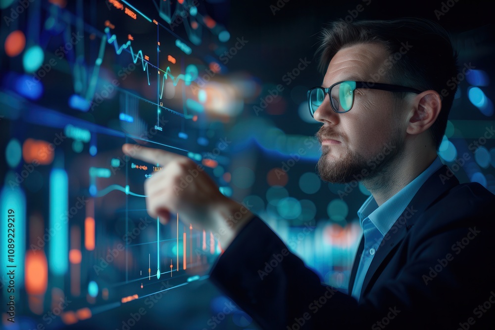 Aufkleber a focused business analyst in glasses interacting with a glowing digital interface, analyzing financ