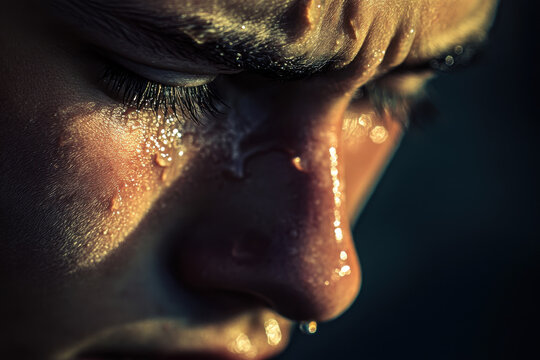 Close-up of a person's face with sweat glistening under sunlight, capturing determination and intensity.