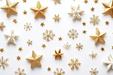 Golden stars and snowflakes on white, festive background