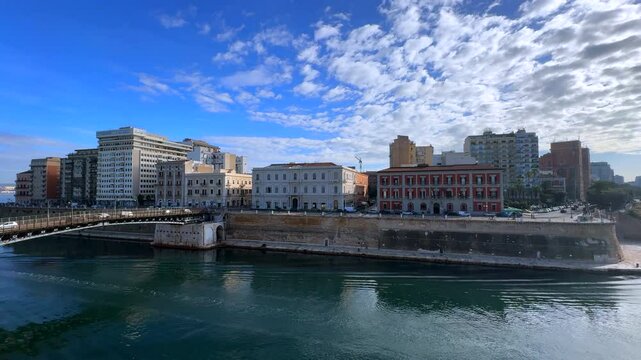Overview of the Bridge of San Francesco di Paola, commonly called Ponte Girevole (swing bridge) and the city of Taranto, Puglia, Italy