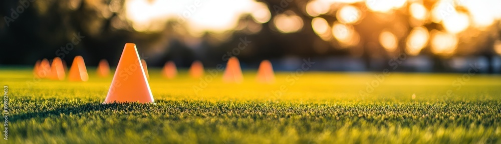 Poster a field with orange cones arranged for a sports practice or training session at sunset.