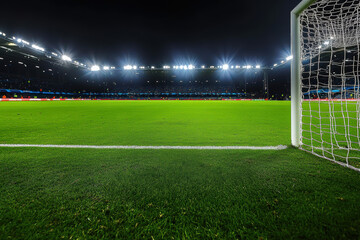 Fototapeta premium A soccer ball is on the field in front of a goal. The field is lit up and the ball is in the foreground