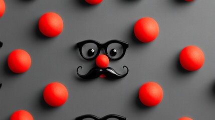 Red noses with glasses and mustaches on a gray background represent Red Nose Day in a toned negative