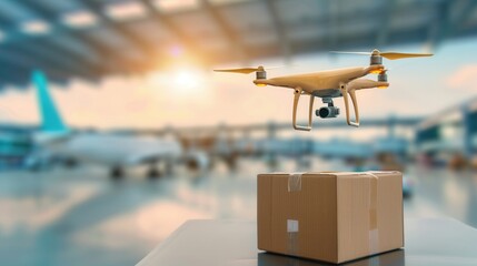 A drone carrying a package in an airport setting, showcasing modern delivery technology with an airplane in the blurred background.