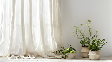 White linen curtains blowing in the wind, a white floor, and an olive tree plant pot on it - a minimalist interior design photograph