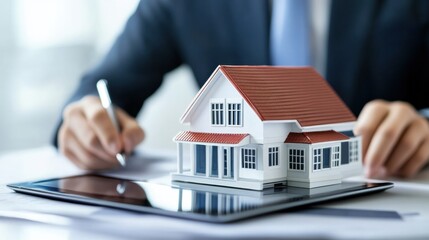 photograph of Salespeople use tablets to estimate home prices, real estate and property inspections at the office.