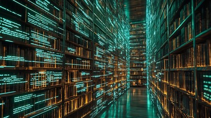 Futuristic Digital Library With Glowing Coded Walls Symbolizing the Fusion of Traditional and Digital Knowledge