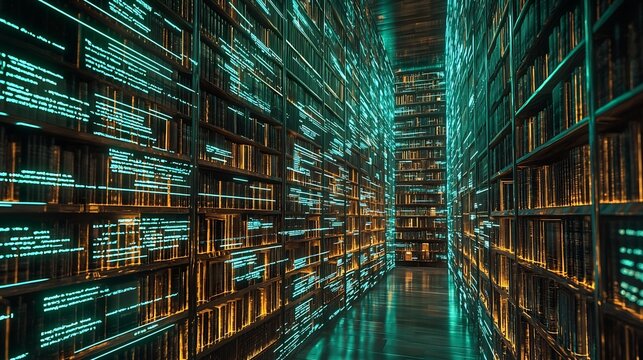Futuristic Digital Library With Glowing Coded Walls Symbolizing the Fusion of Traditional and Digital Knowledge