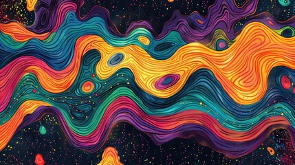 Obraz premium Abstract colorful wavy lines and cosmic dust particles on dark background.