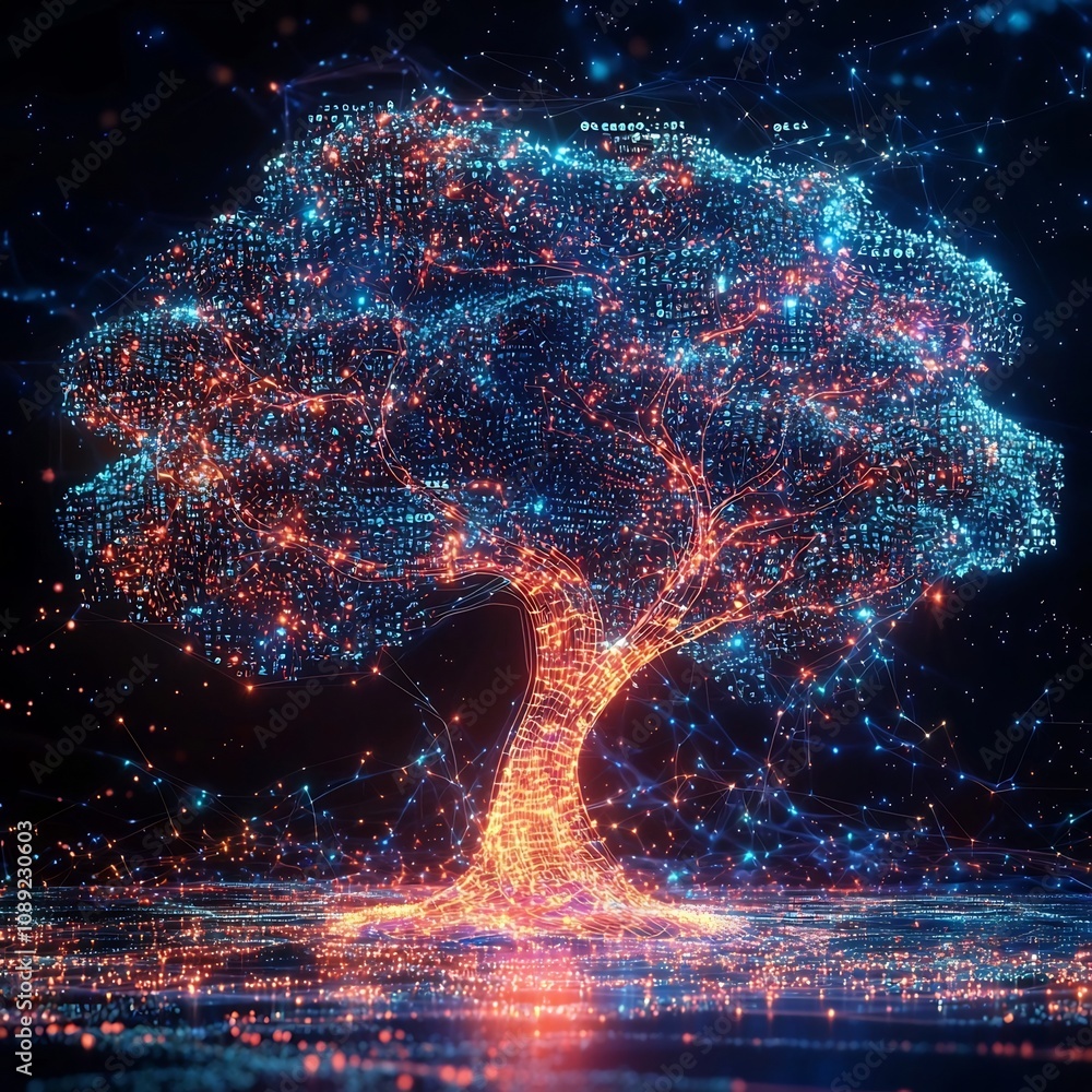 Poster glowing digital tree of knowledge illuminating the interconnected realms of science philosophy and t