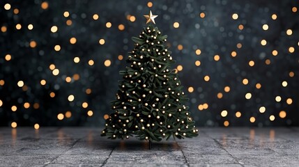 Christmas tree adorned with lights against a bokeh background.