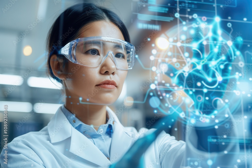 Aufkleber a female scientist wearing protective glasses studies a digital holographic display with complex dat