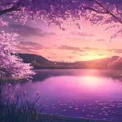 Serene Sunset Over a Tranquil Lake Surrounded by Blooming Cherry Blossom Trees and Lush Greenery, Capturing the Essence of Nature's Beauty and Peaceful Moments