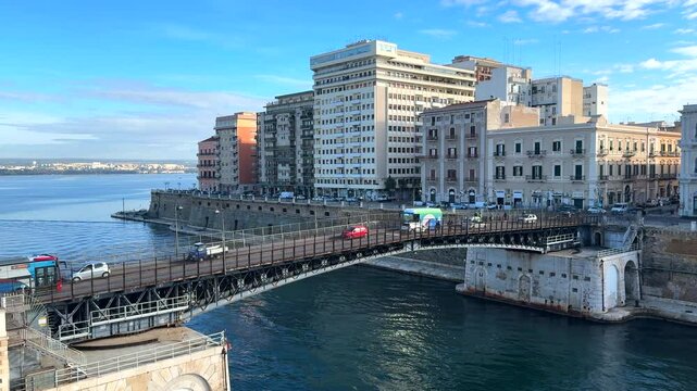 Overview of the Bridge of San Francesco di Paola, commonly called Ponte Girevole (swing bridge) in Taranto, Puglia, Italy