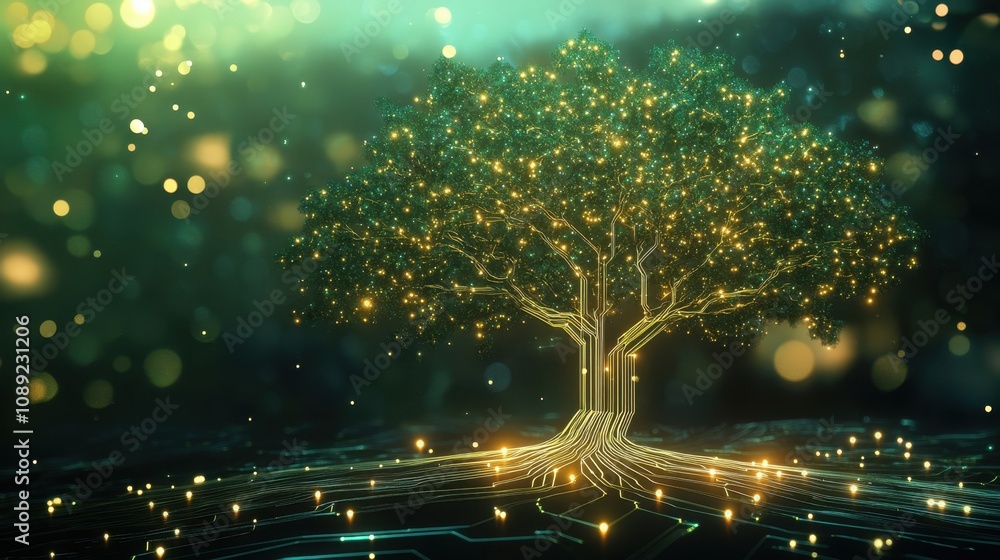 Poster futuristic tree of life representing technology and nature with glowing branches and circuit pattern