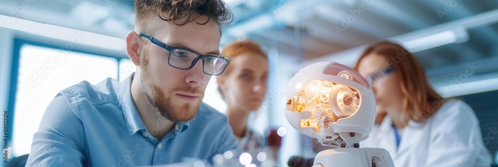 Poster focused engineers examine an innovative robotics prototype with intricate mechanisms in a high-tech 